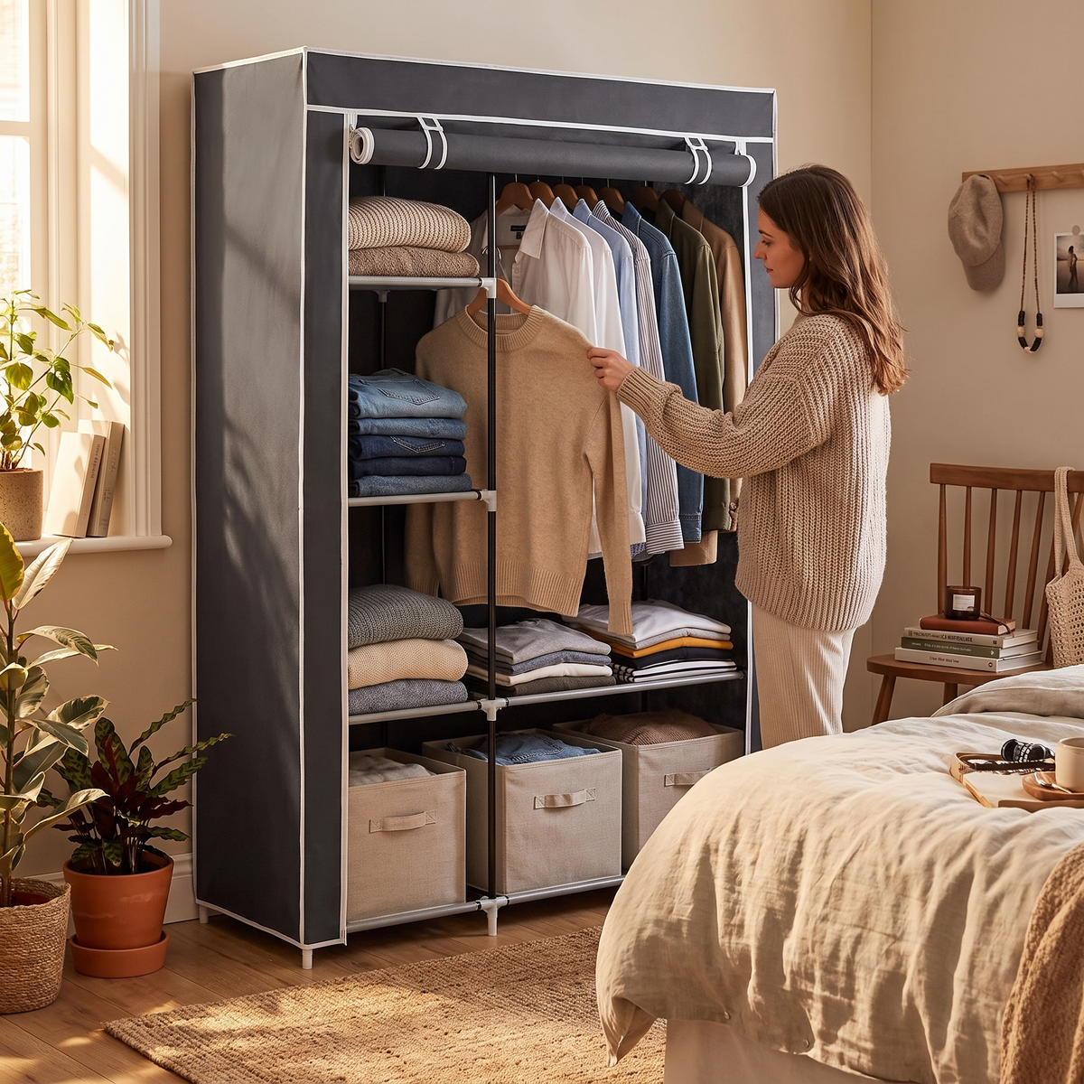Portable Wardrobe with Six Shelves in use