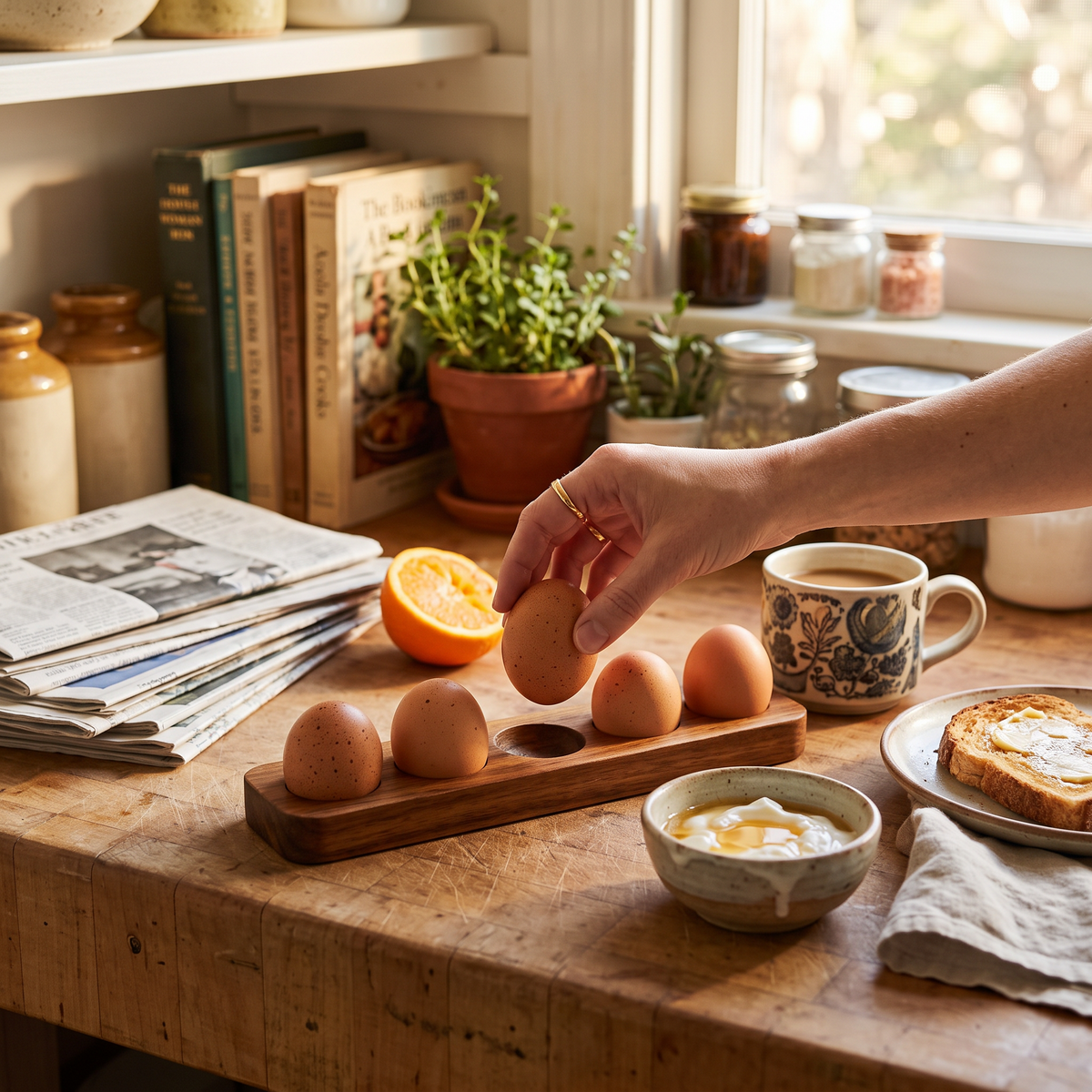 Acacia Wood Egg Tray in use