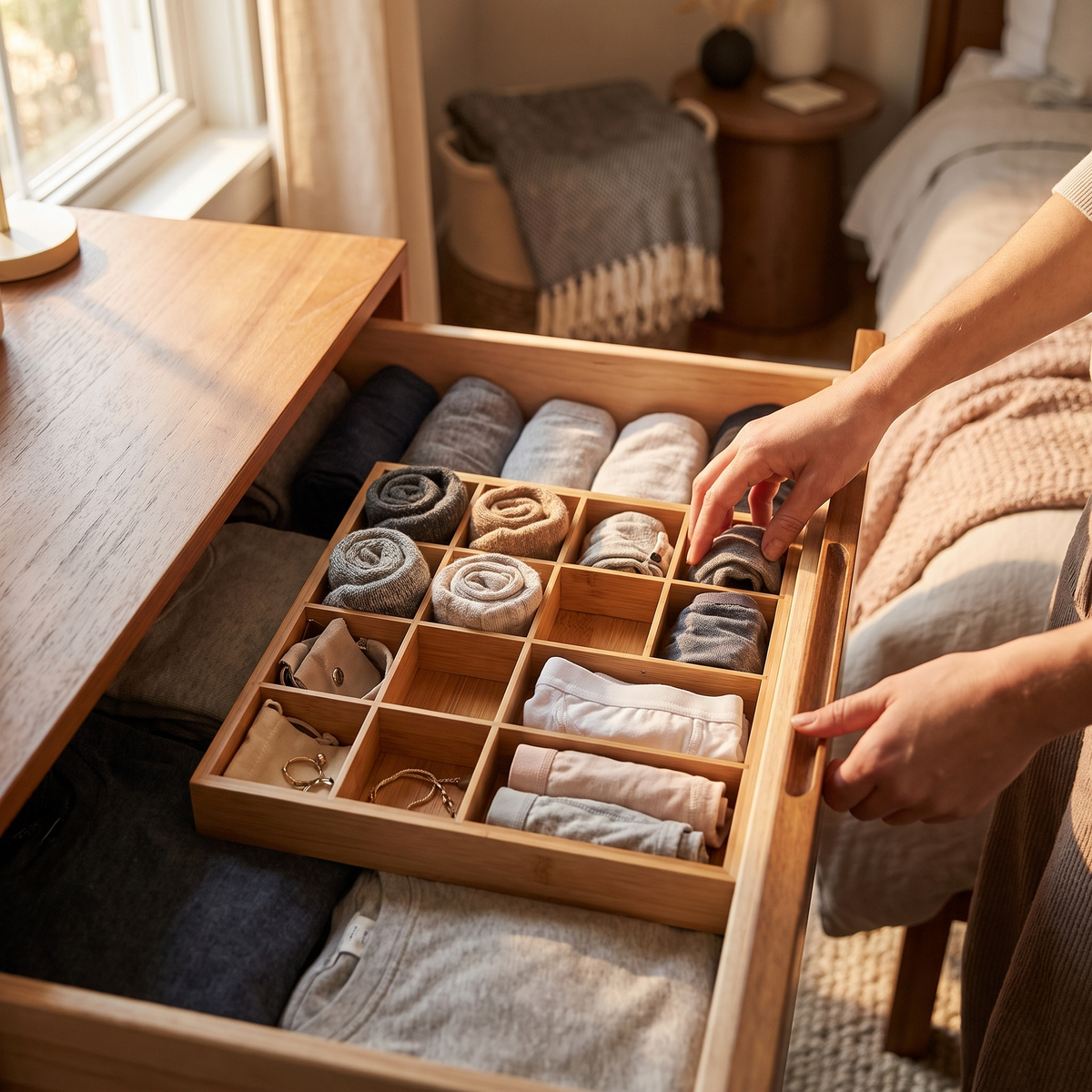 Bamboo Drawer Divider, 12 Compartments in use
