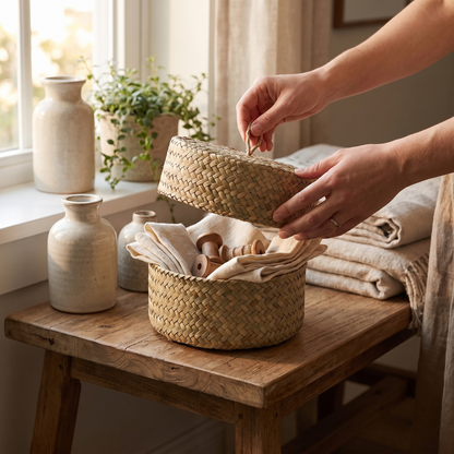 Seagrass Basket with Lid, Small in use