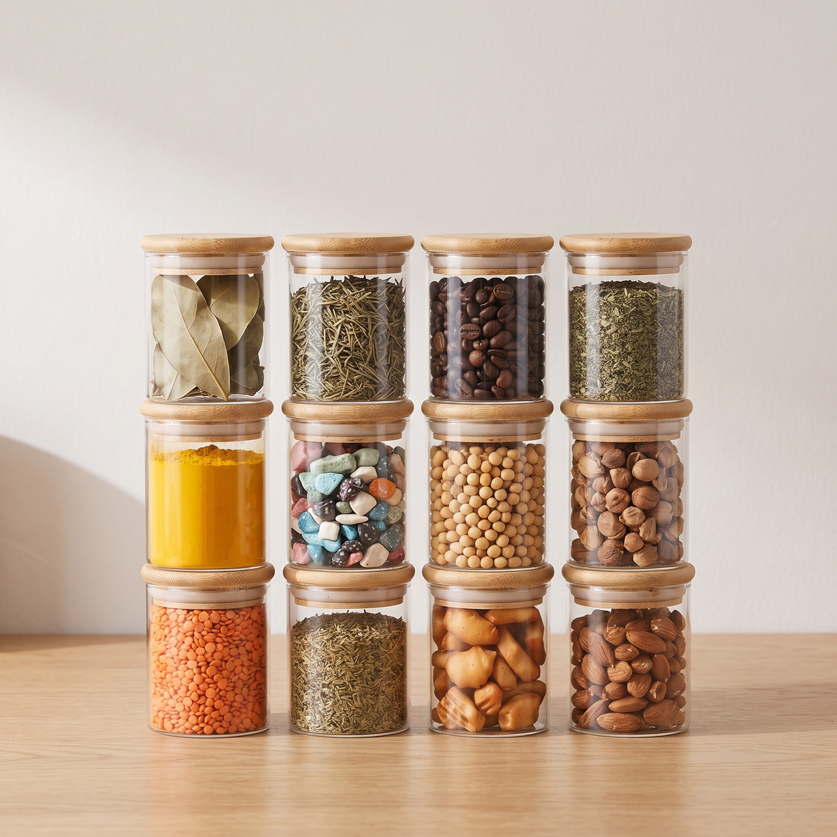 Round Spice Jars with Bamboo Lids, Set of 12