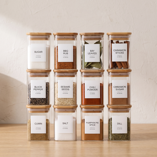Square Spice Jars with Labels, Set of 12