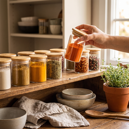 Round Spice Jars in use