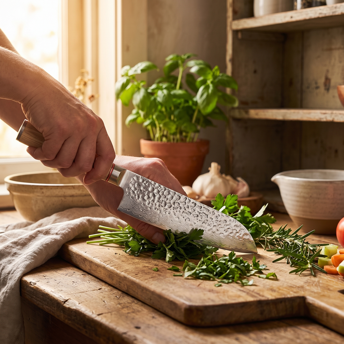 Pattern-Etched Chef's Knife in use