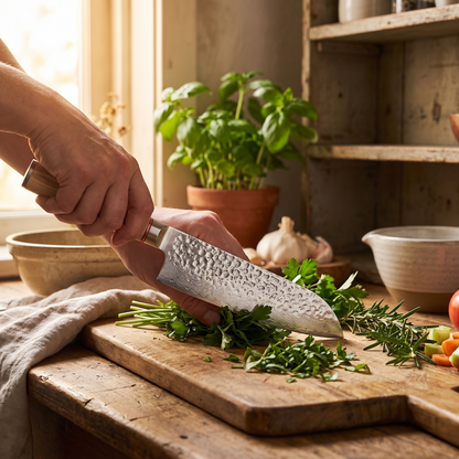 Pattern-Etched Chef's Knife in use