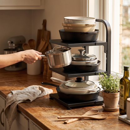 Adjustable Countertop Pot Rack in use