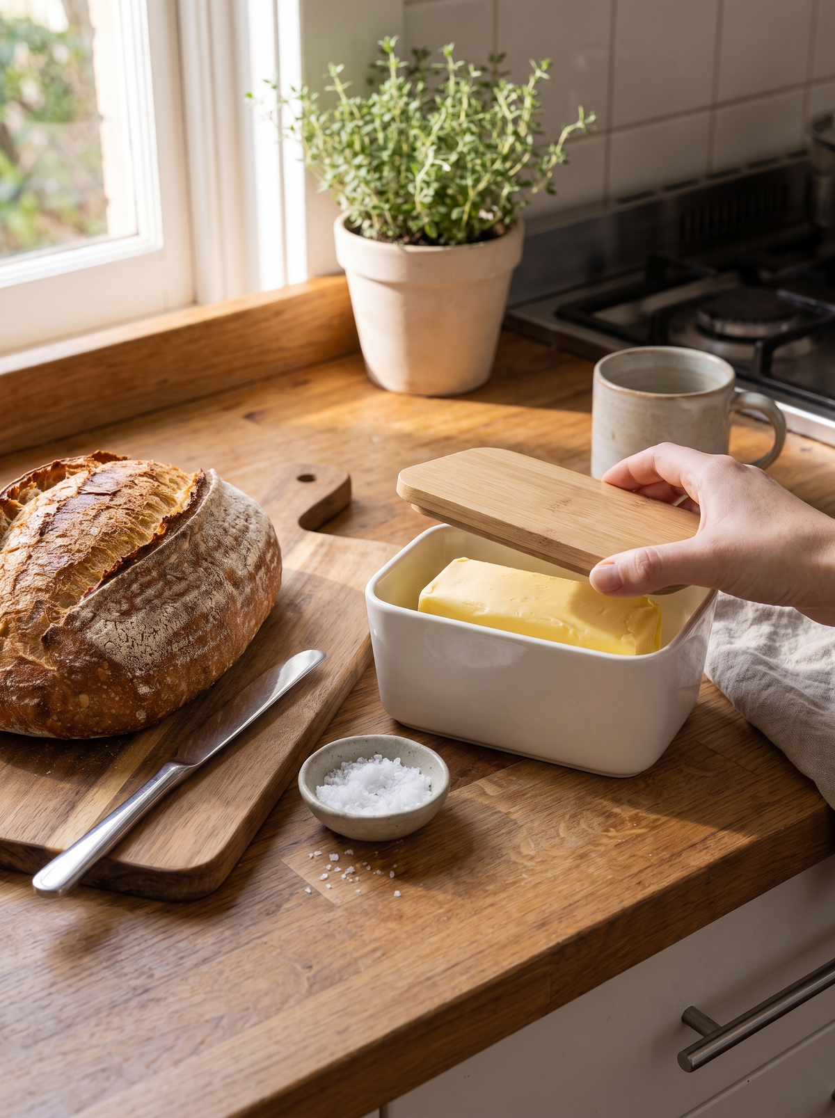 Lidded Ceramic Cheese Keeper open, cheese at eating temperature