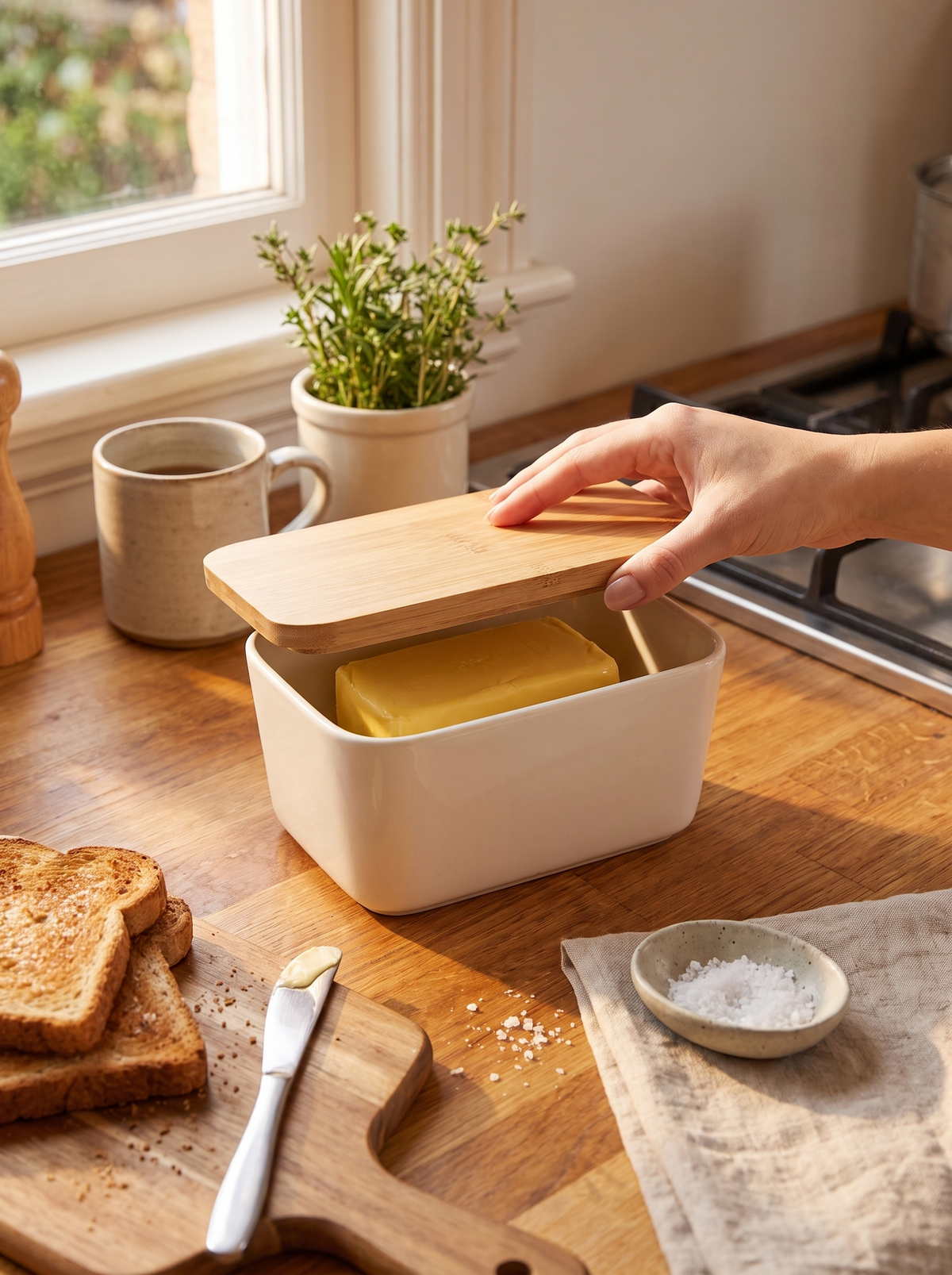 Lidded Ceramic Cheese Keeper with the lid on, keeping cheese covered