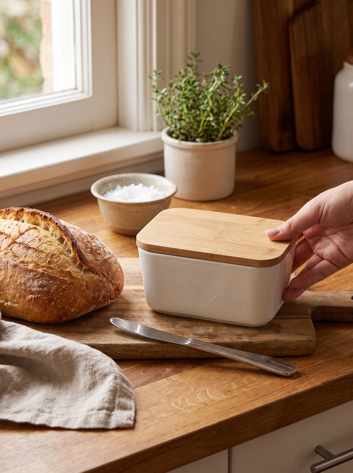 Lidded Ceramic Cheese Keeper going from fridge to table