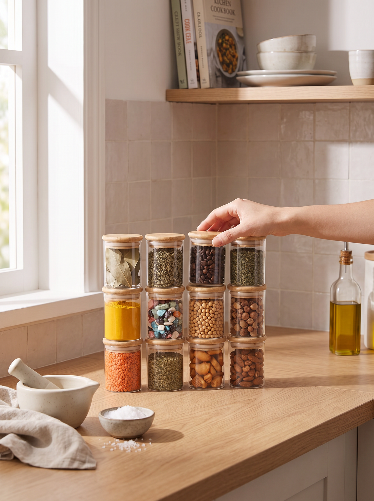 Bamboo lids on a spice rack in an open kitchen