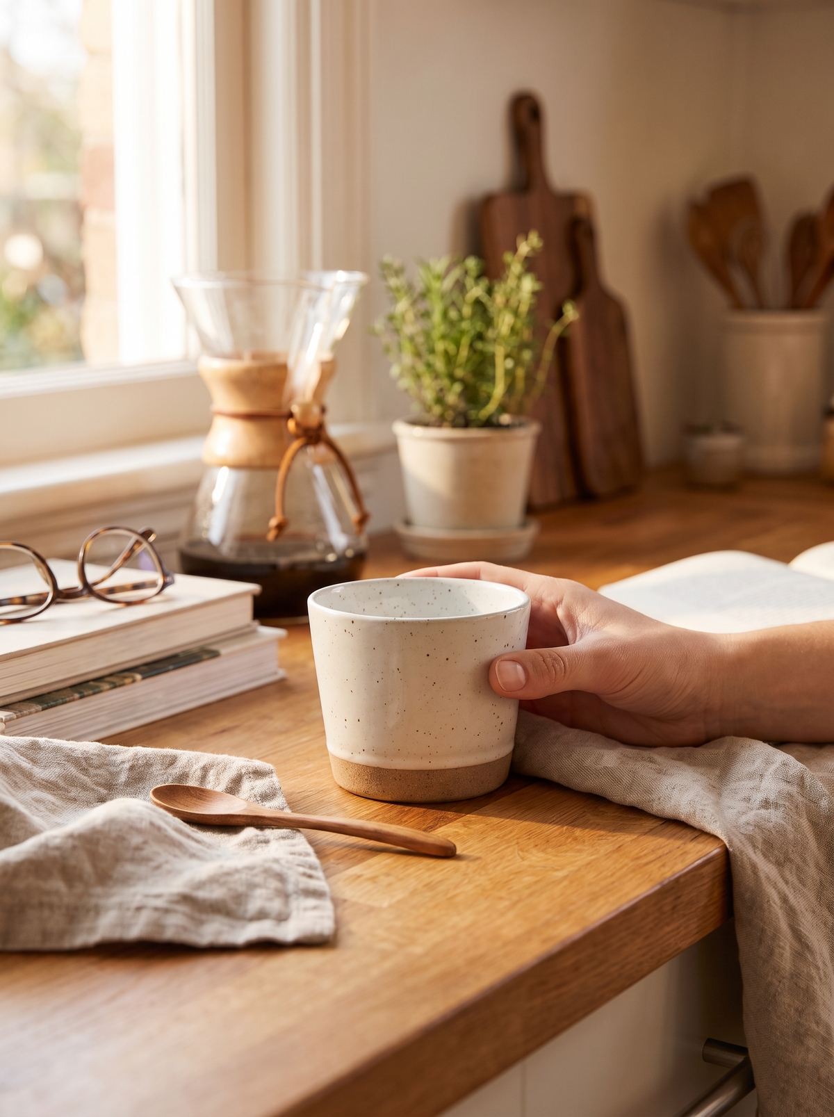 Small gongfu sized stoneware cups on a tea tray