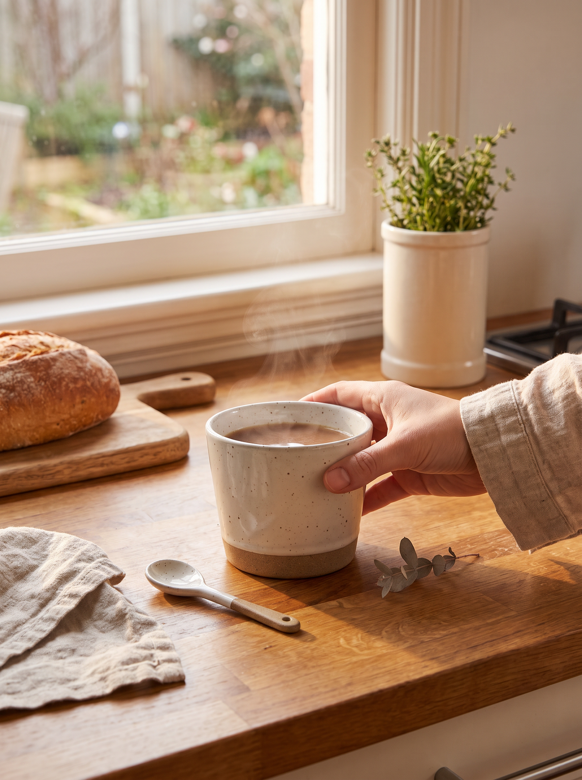 Stoneware tea cup held in both hands keeping its heat