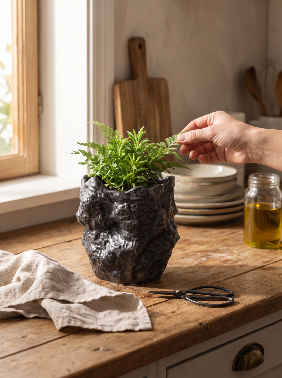 Irregular hand formed ceramic planter on a windowsill