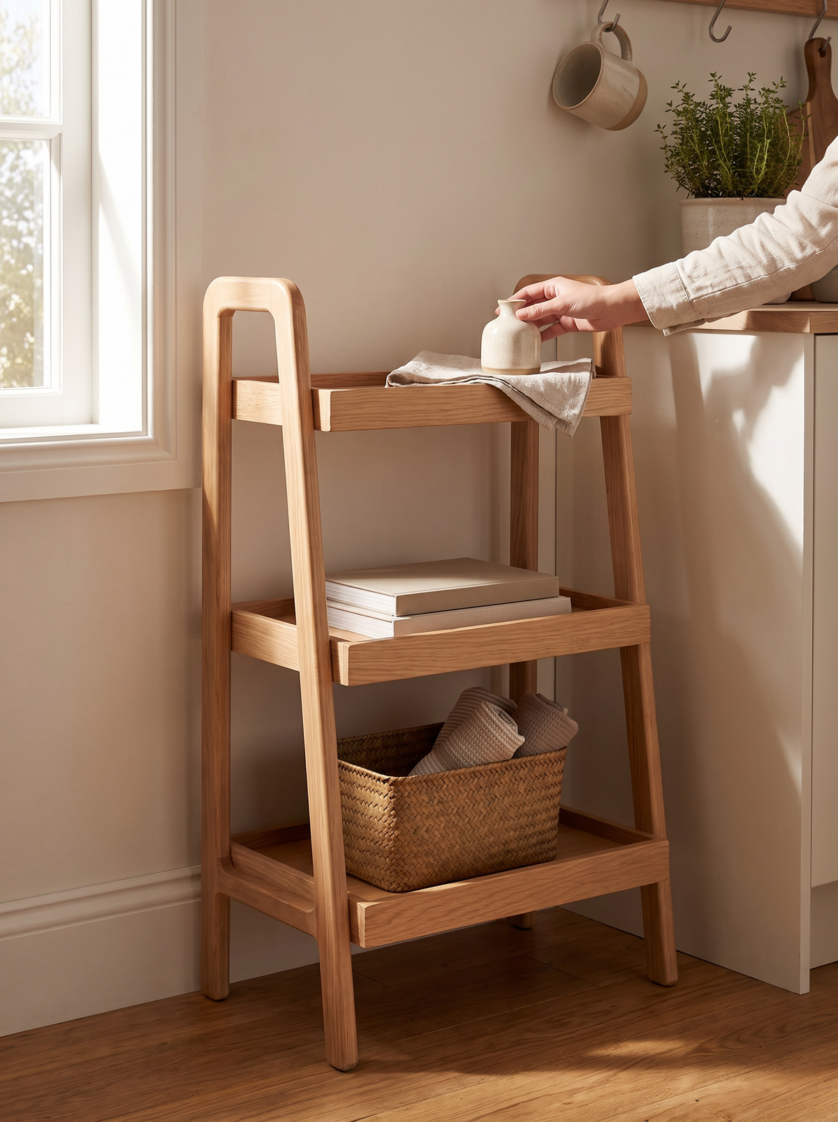 Freestanding open shelf unit standing against a wall with no fixings