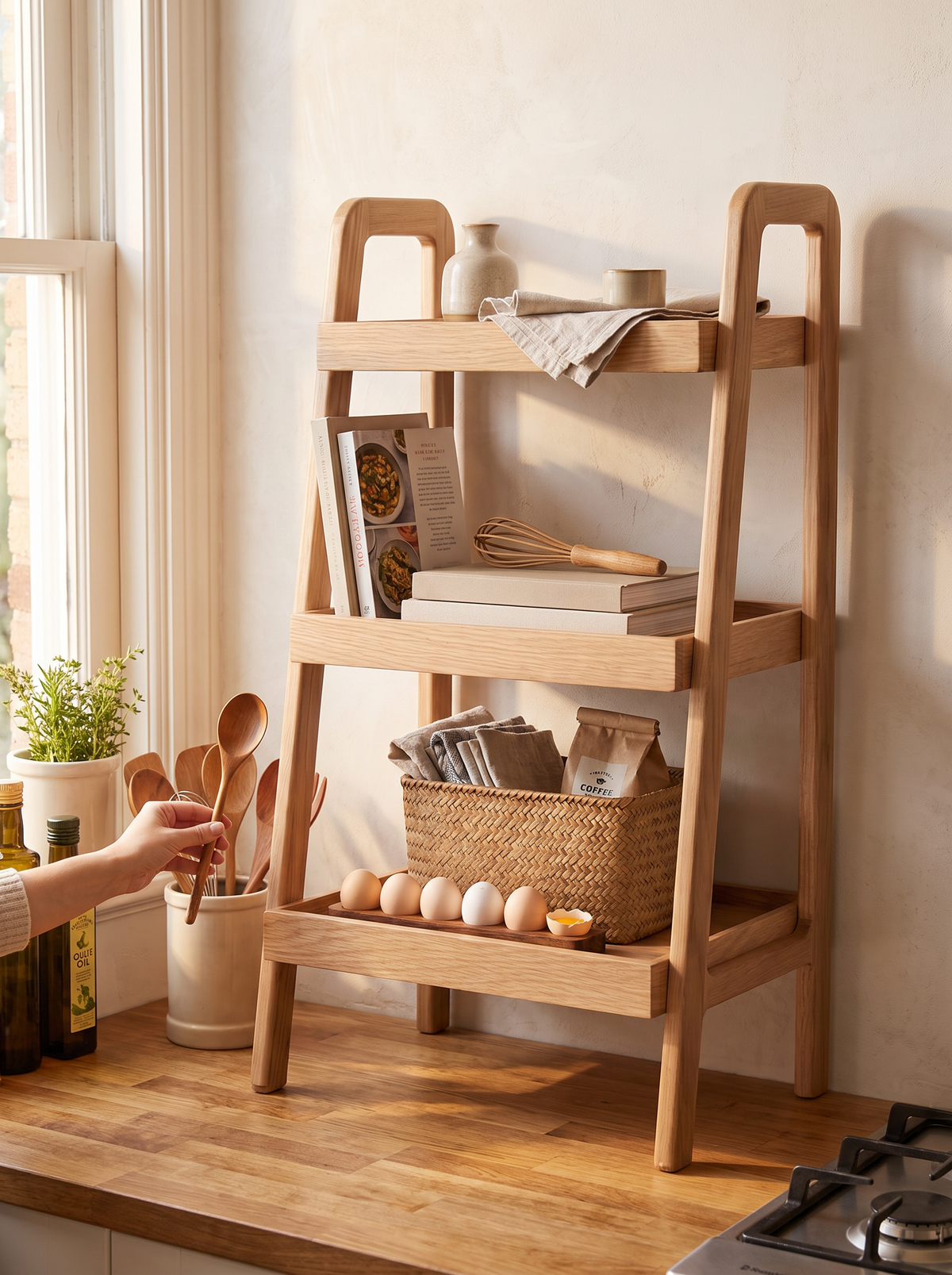 Open shelves holding books plants and folded towels