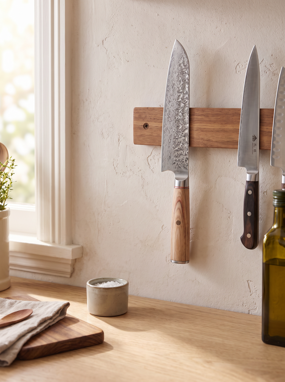 Knives stored on a magnetic rail in a kitchen