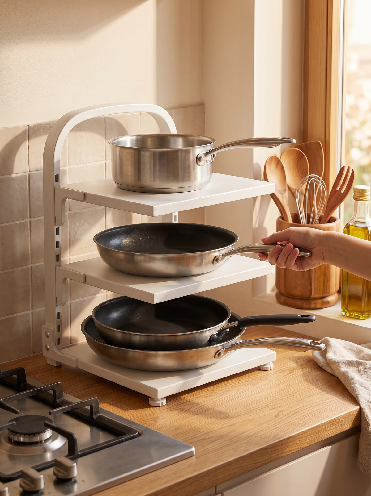 Pans stood on edge in an adjustable rack