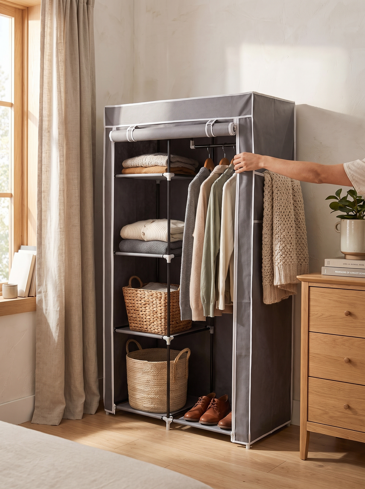 Repositionable hanging rail among the wardrobe shelves