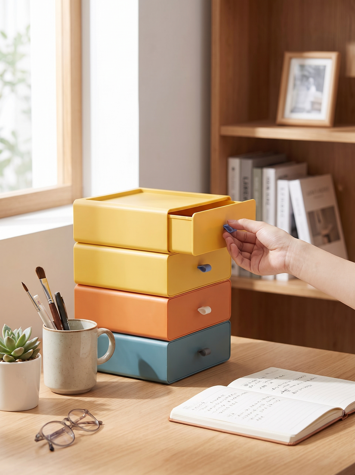 Drawer boxes in yellow green blue and orange