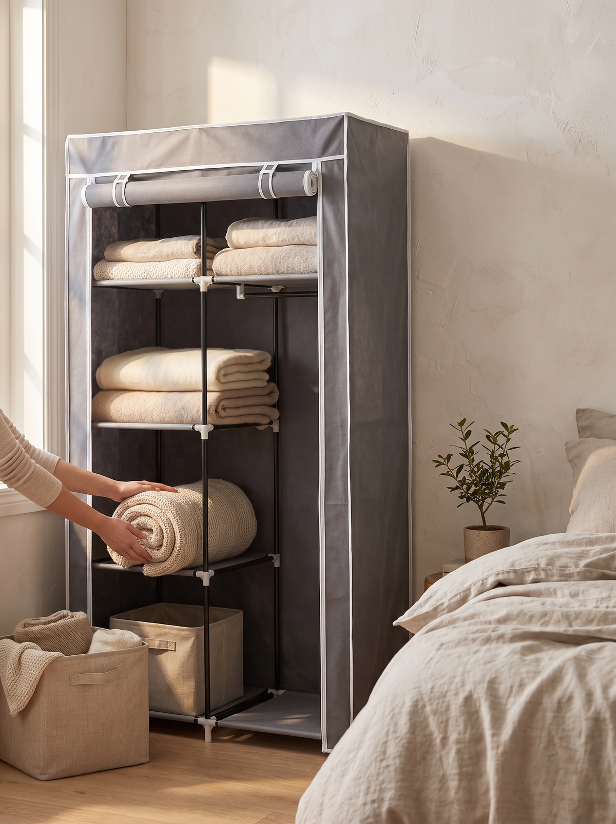 Zip cover closed on a fabric wardrobe to keep dust out