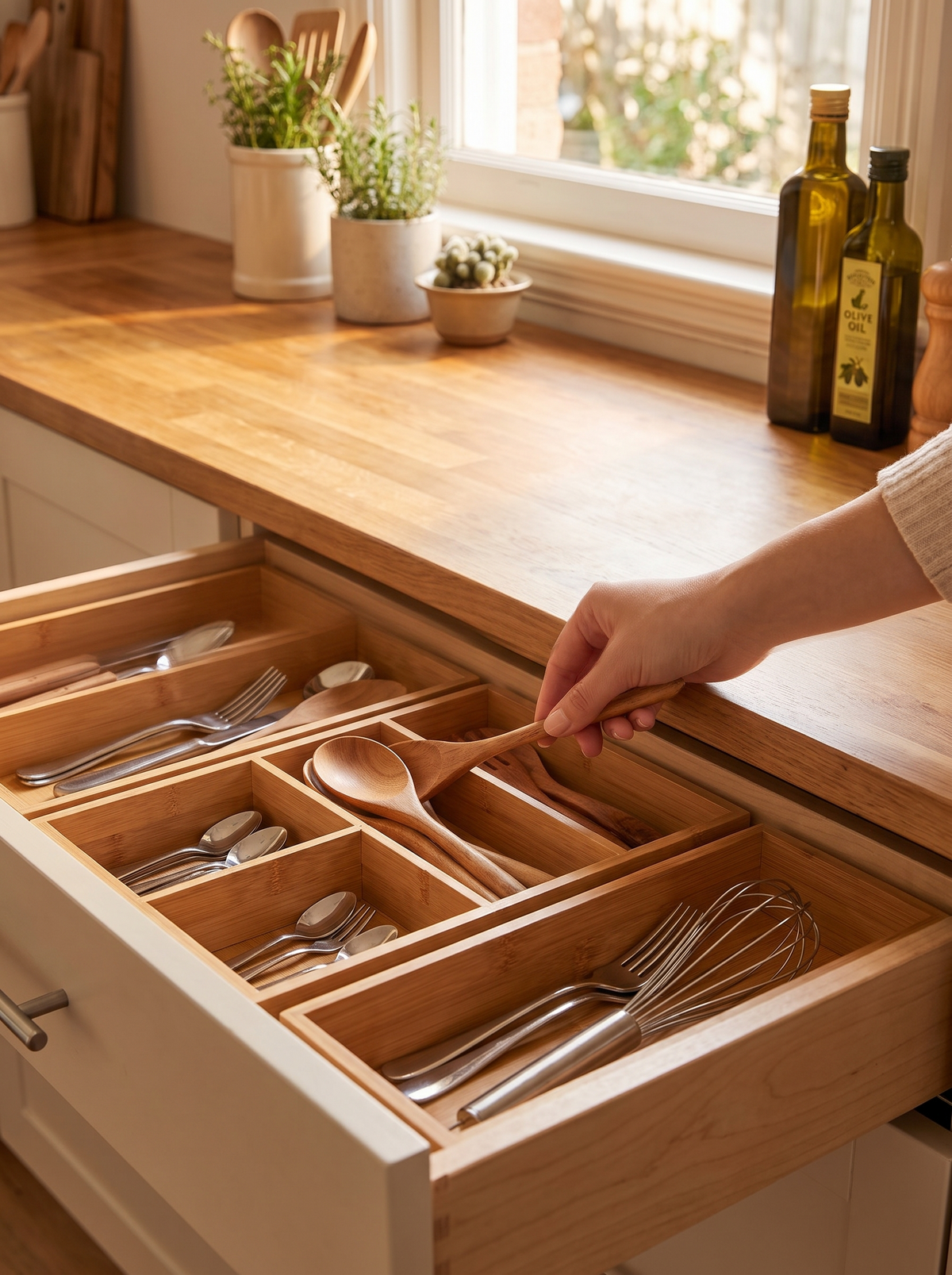 Bamboo trays laid out to fit a real kitchen drawer