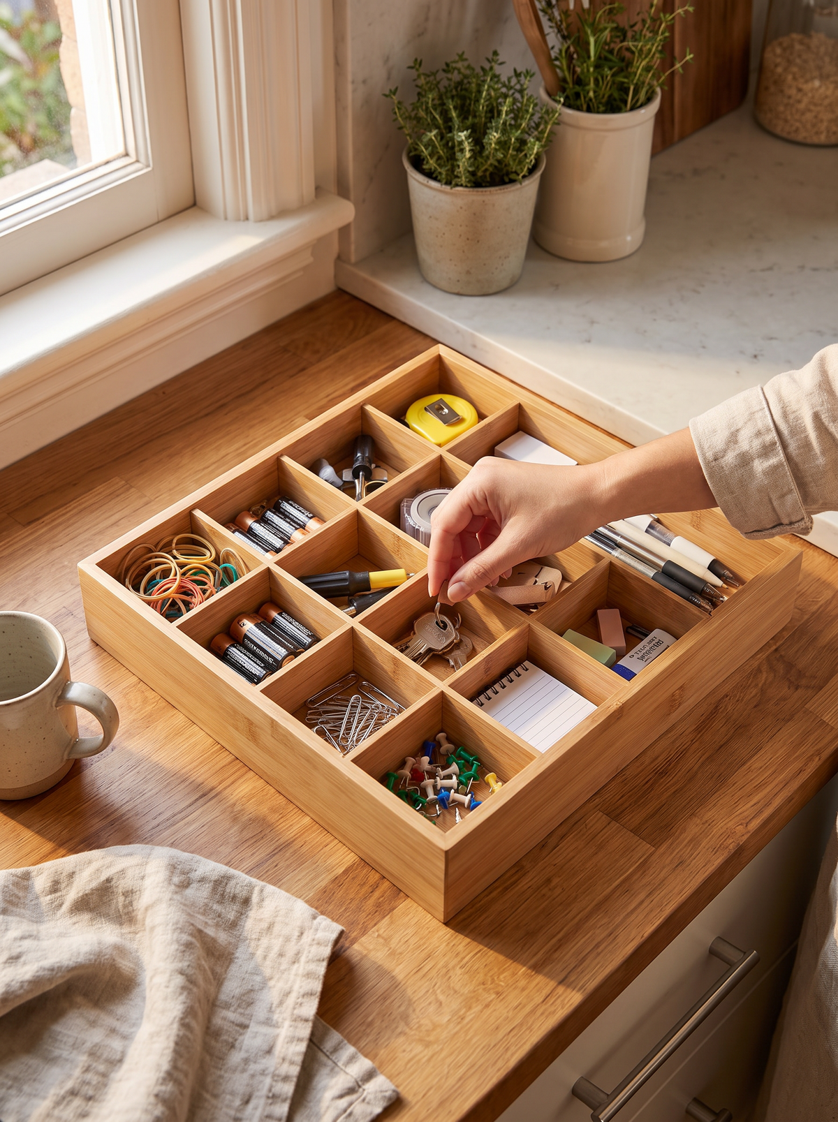Twelve compartment bamboo divider holding rolled socks
