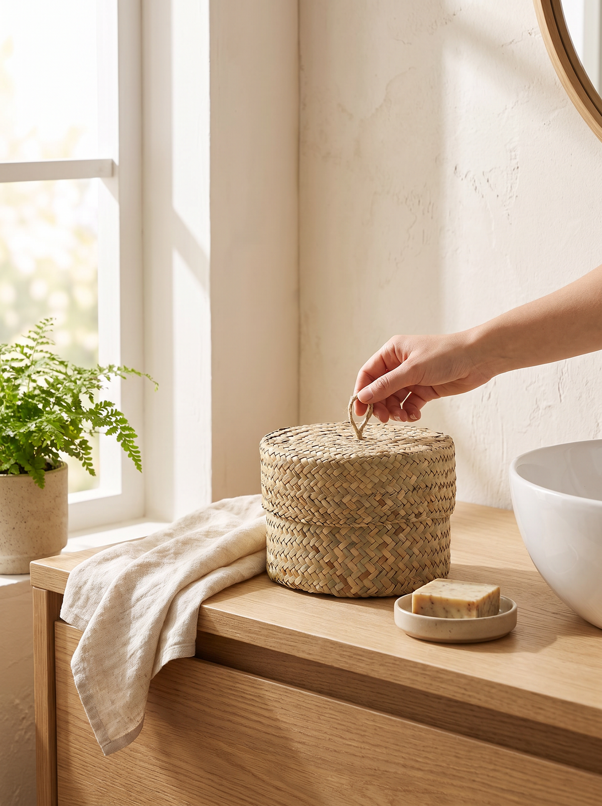 Small seagrass basket carried one handed between rooms