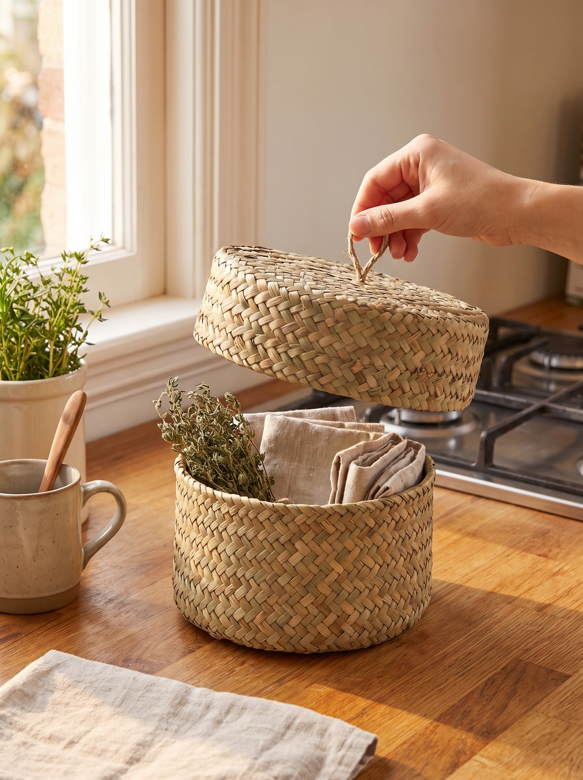 Lidded seagrass basket keeping clutter out of sight