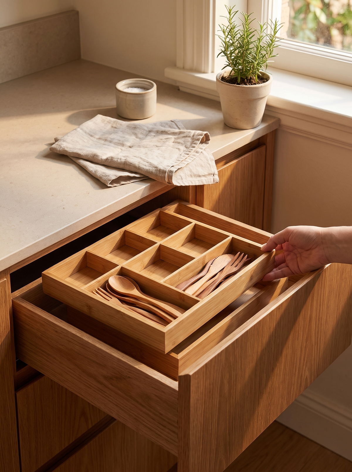 Bamboo drawer divider lifted out in one piece