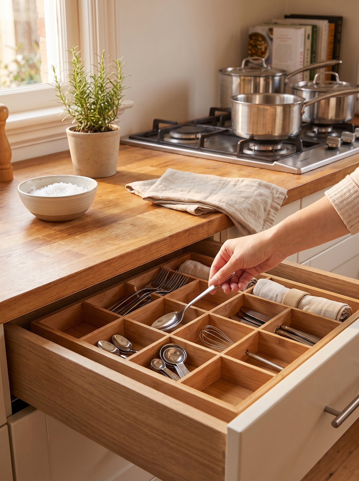 Solid bamboo compartments holding shape in a dresser drawer