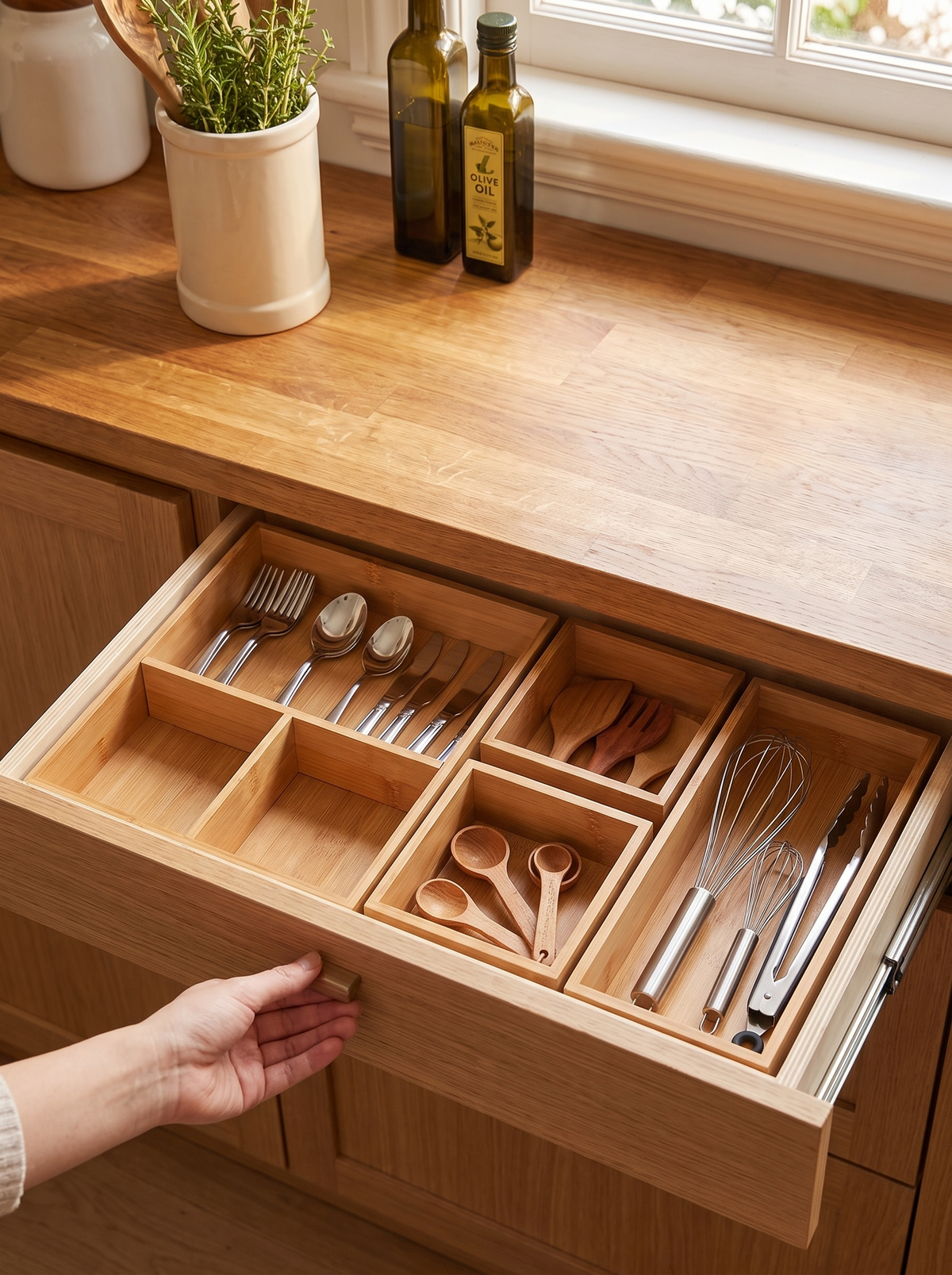 Solid bamboo trays holding their shape in a drawer