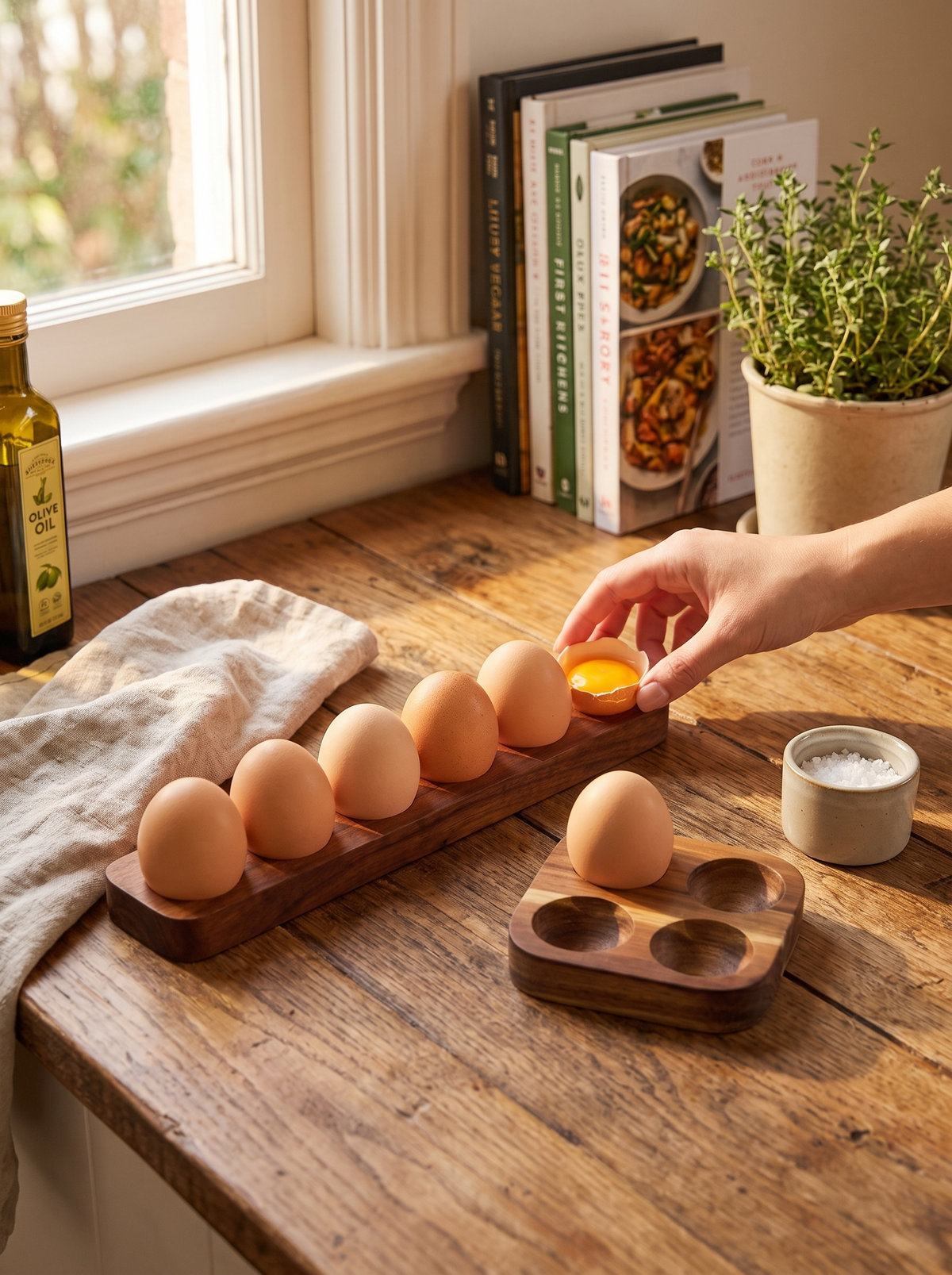 Acacia egg tray holding eggs still on a fridge shelf
