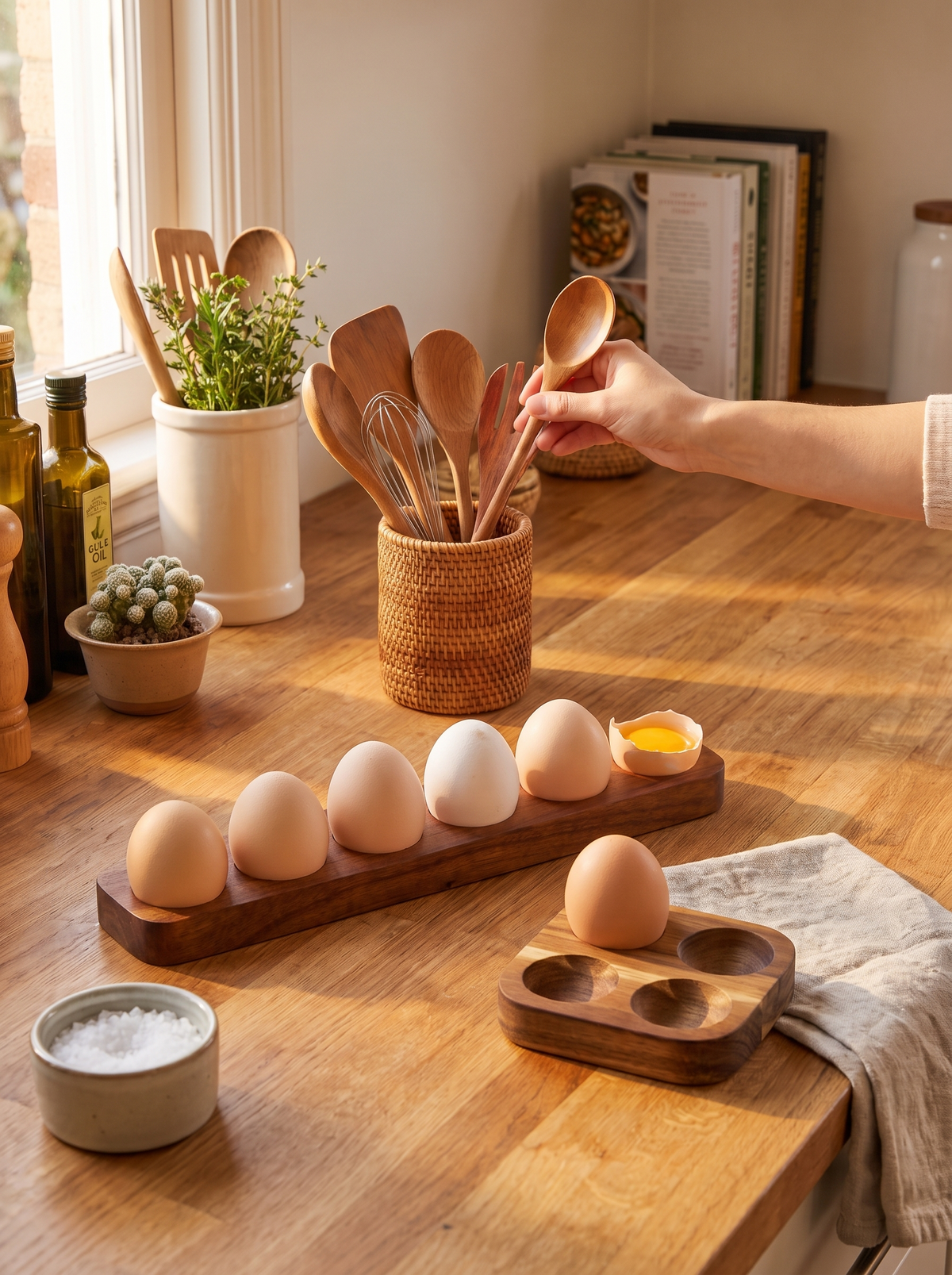 Acacia egg tray brought out onto a breakfast table