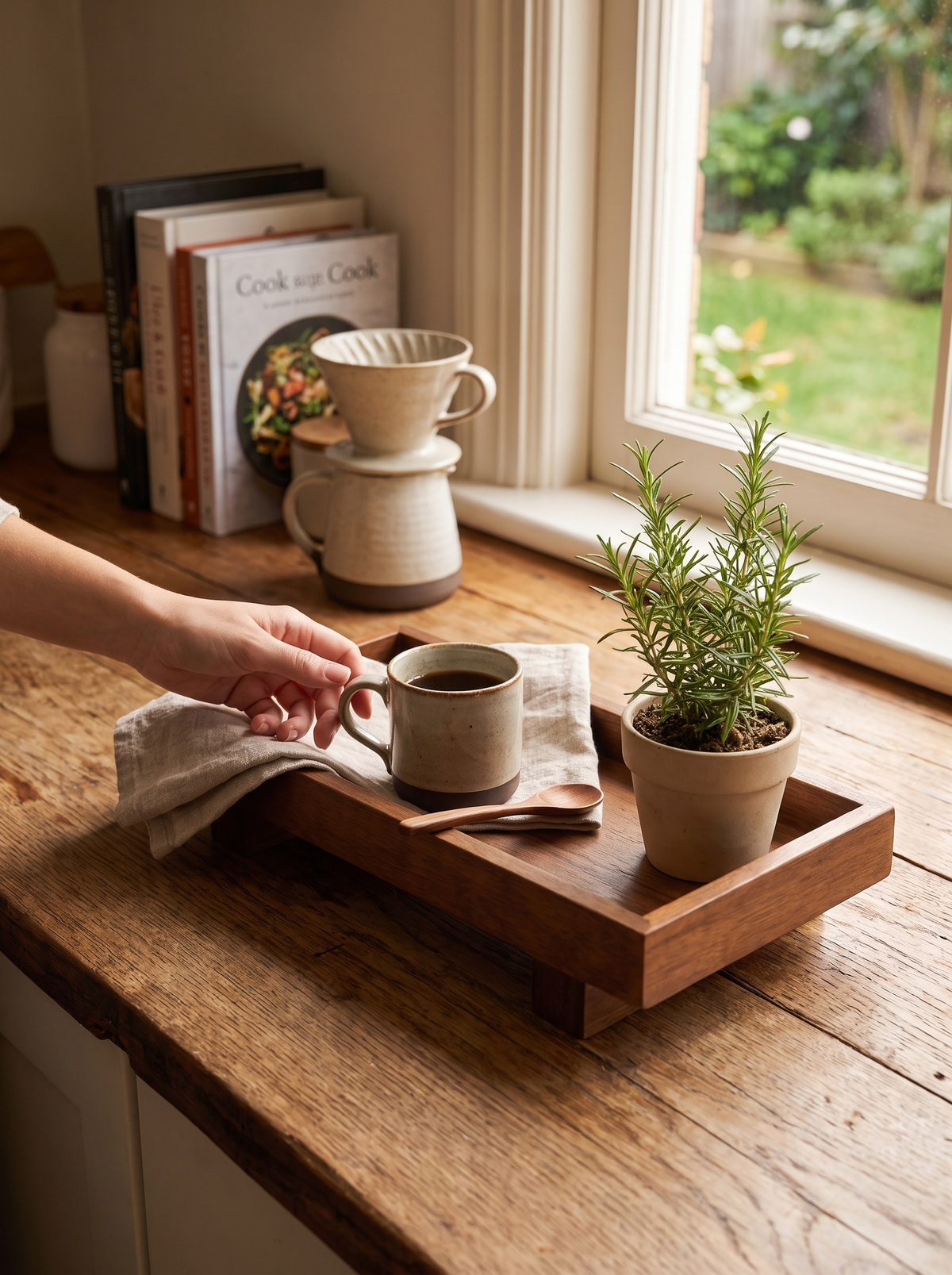 Wooden tray used as a counter catch all for keys and post